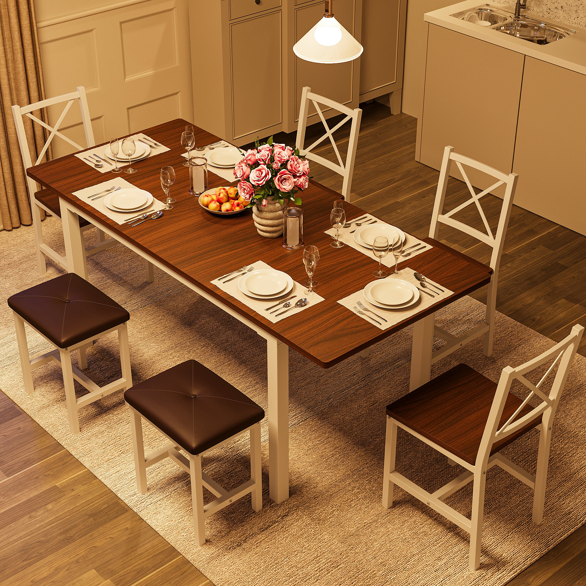 Gracie Oaks Farmhouse Style 7-Piece Dining Table Set For 4-6 People, 63" Extendable Kitchen ...